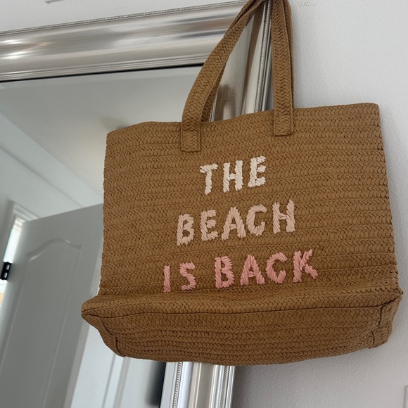 Btb Los Angeles Handbags - Tan Woven Tote with Pink Accents